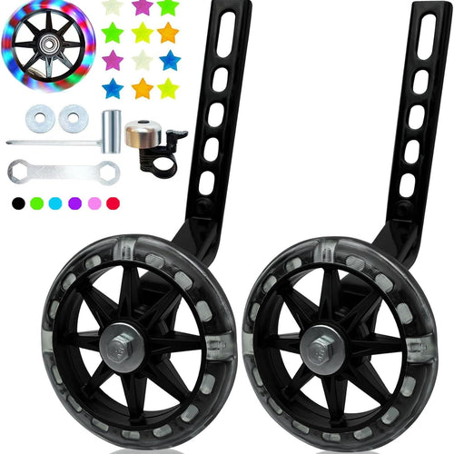 DDJKCZ Training Wheels for Kids Bicycles, Compatible with 12-20 inch Single Speed Bikes, Flash Mute Big Wheel, Brilliant Black