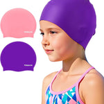 Kids Swim Cap 2 Pack,Silicone Swim Cap for Kids Ages 3-15 | Durable Waterproof Swimming Caps for Girls Boys Toddler,Comfortable Fit for Long Hair Short Hair,for Swimming Lessons Pool
