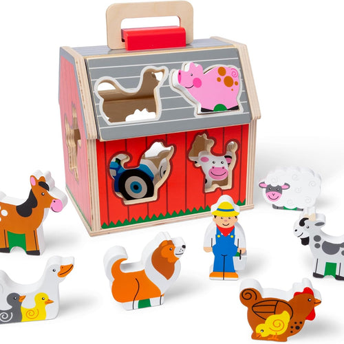 Melissa & Doug Take-Along Wooden Toy Barn with Farm Animals & Pop-Up Roof, Preschool Learning Toys