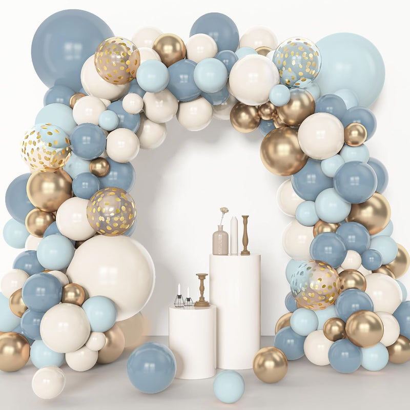 Amandir 153pcs Dusty Blue Balloon Garland Arch Kit Different Sizes Blue White Sand Latex Metallic Confetti Gold Balloons Baptism Birthday Boho Baby Shower