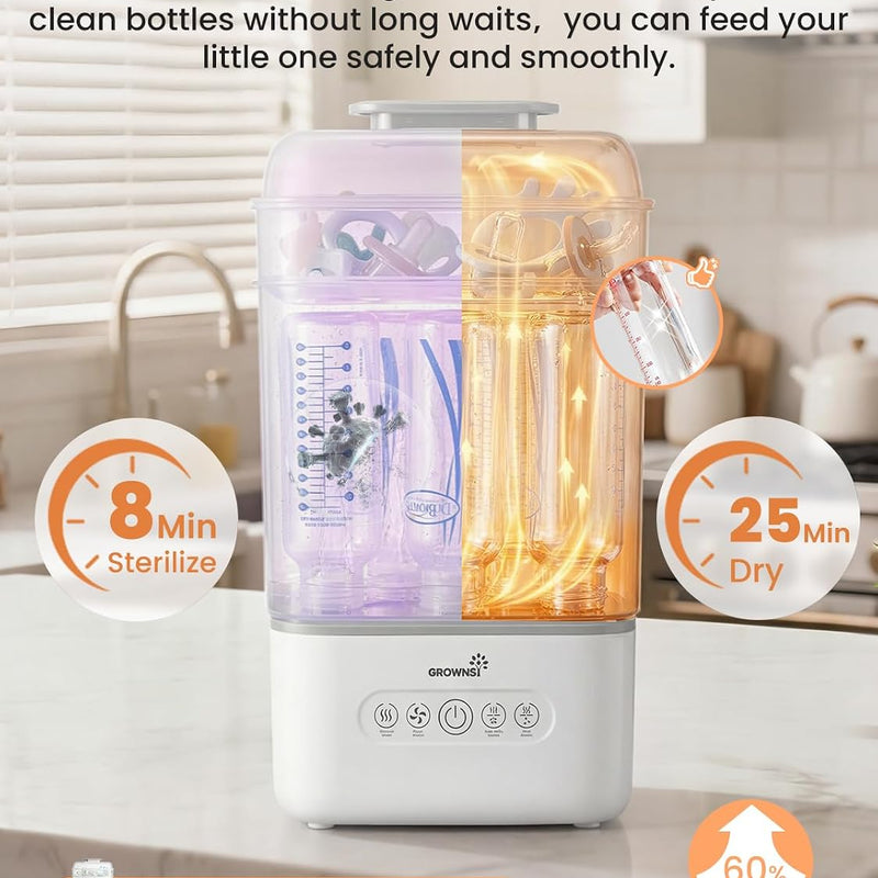 Grownsy Space Saving Baby Bottle Sterilizer and Dryer with Travel Set | Holds 6 to 8 Bottles & Pump Parts, Nesting Design, Fast Sanitization & Drying, Auto Sterile Storage for All Feed Stages