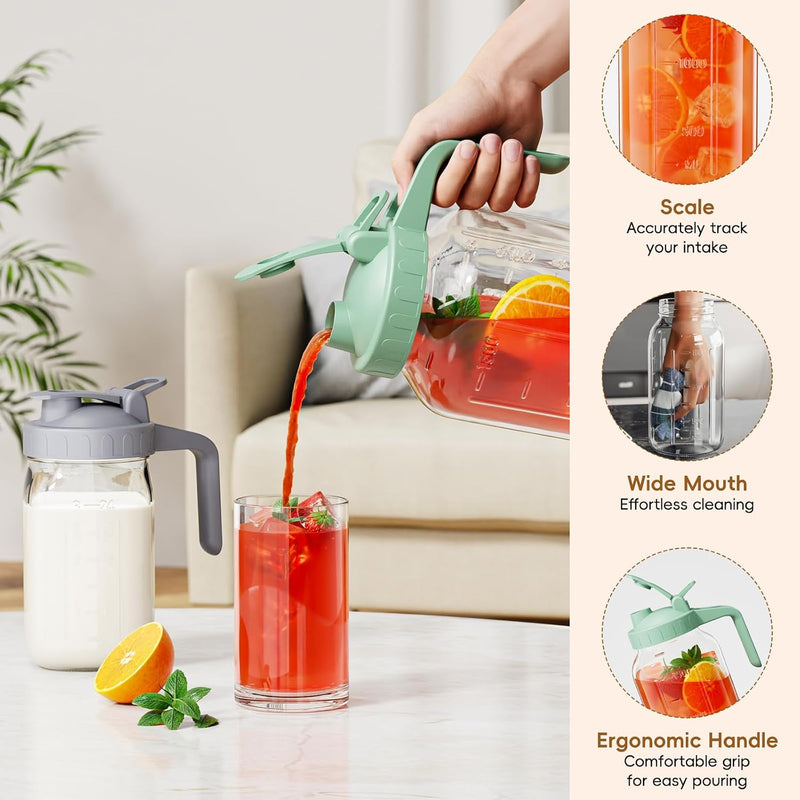 Breast Milk Pitcher, 32 oz Wide Mouth Glass Mason Jar | Dual Leak-Proof Lid, easy-pour spout, handle design for Breastmilk storage, iced tea and cold beverages