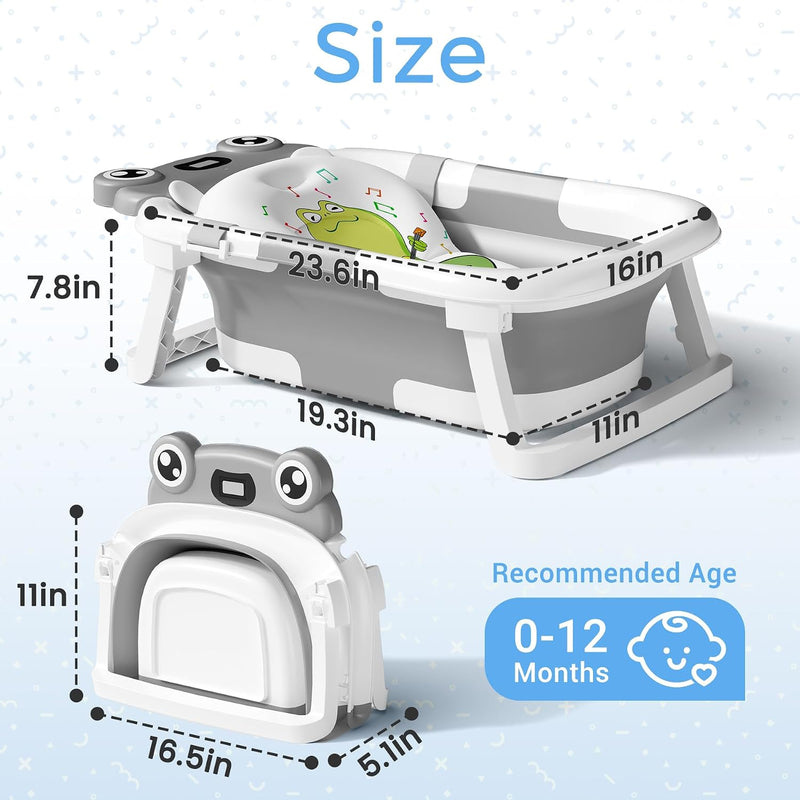 BUNWAG Baby Bathtub, Collapsible Newborn Bathtub for Infant to Toddler with Soft Cushion and Thermometer,Portable Travel Newborn Tub with No-Slip Feet, Baby Shower Gifts, 0-12 Months Baby Bath, Grey