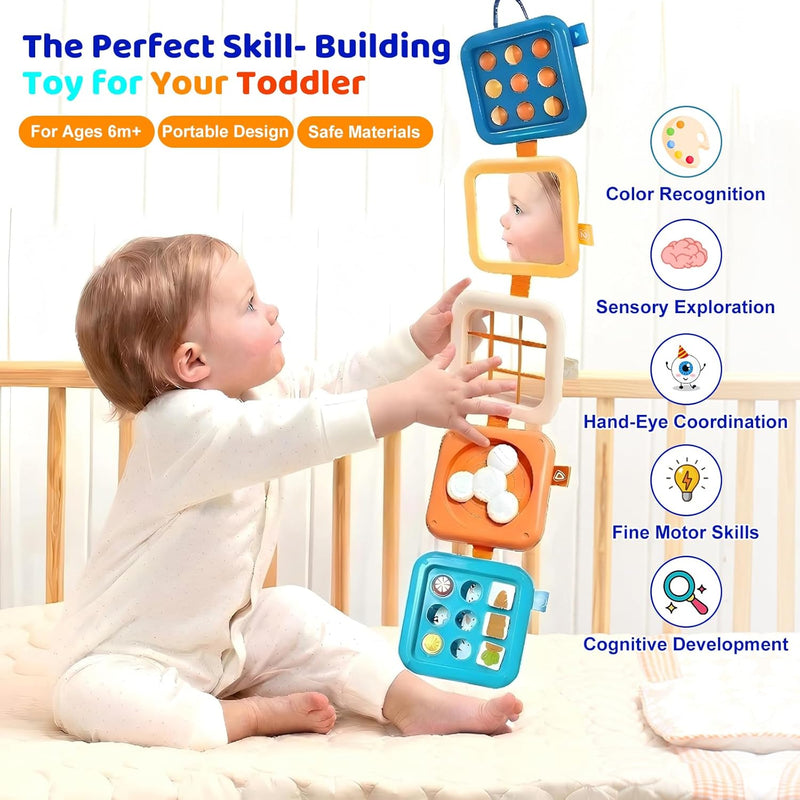 Portable Travel Toys for Baby 6-18M: 5 Foldable Cubes 7 Activity Panels | Busy Board for Car Seat & Airplane Trips - Builds Sensory Fine Motor Skills - Gifts for Baby Birthday Christmas