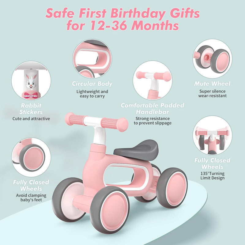 DRAMATION Baby Balance Bike, 10-12 Months, No Pedal Toddler Bike with Silence Wheels, 1st Birthday Gift, Ride On Toys for Boys Girls