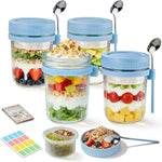 Overnight Oats Containers with Lids and Spoons - 4 Pack 16 oz Glass Mason Jars with Separate Compartments Airtight Overnight Oat Jars Leakproof Yogurt Parfait Cup for Oatmeal Chia Pudding Cereal Salad