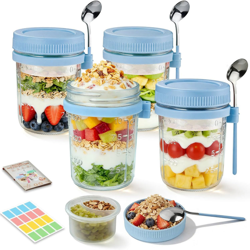 Overnight Oats Containers with Lids and Spoons - 4 Pack 16 oz Glass Mason Jars with Separate Compartments Airtight Overnight Oat Jars Leakproof Yogurt Parfait Cup for Oatmeal Chia Pudding Cereal Salad