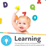 nuby foam bath letters and numbers set for toddlers 3+ years, 36 pieces