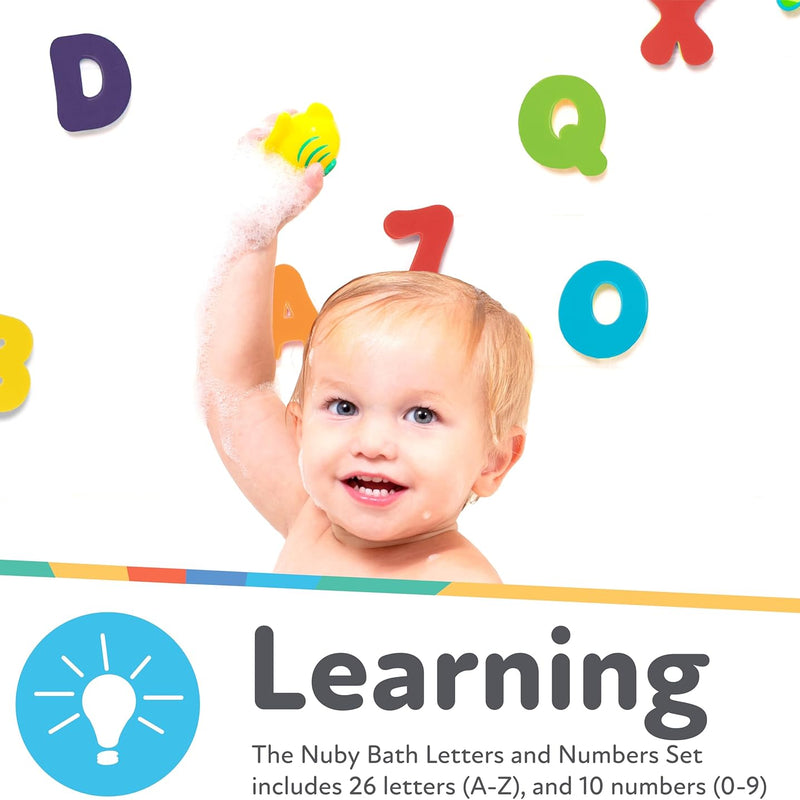 nuby foam bath letters and numbers set for toddlers 3+ years, 36 pieces
