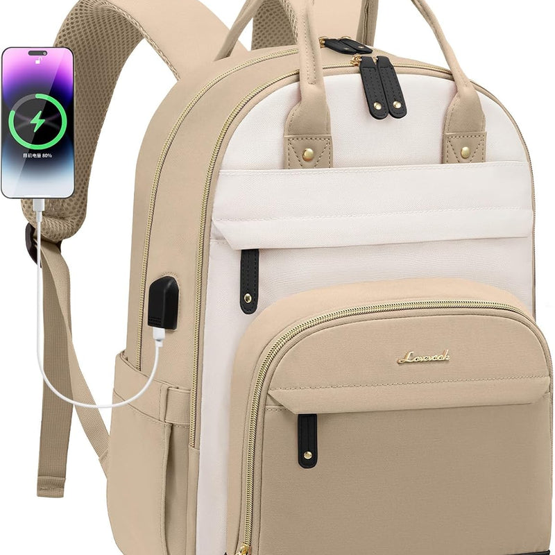 LOVEVOOK Laptop Backpack Women with Giant Tumbler Holder,15.6 inch Waterproof Work Travel Backpack Computer Laptop Bag,Cute College Nurse Teacher Backpack Purse,Gifts for Women & Men,Beige-Black-Brown