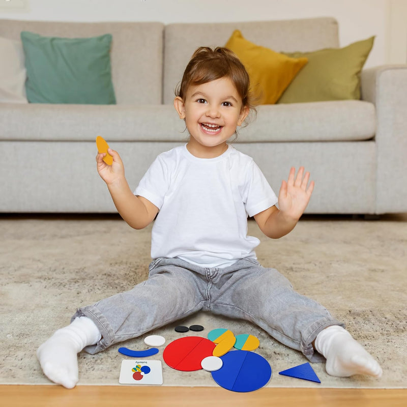 LiKee Open Ended Wooden Shape Puzzles for Toddlers 3+, 36 Blocks & 60 Cards