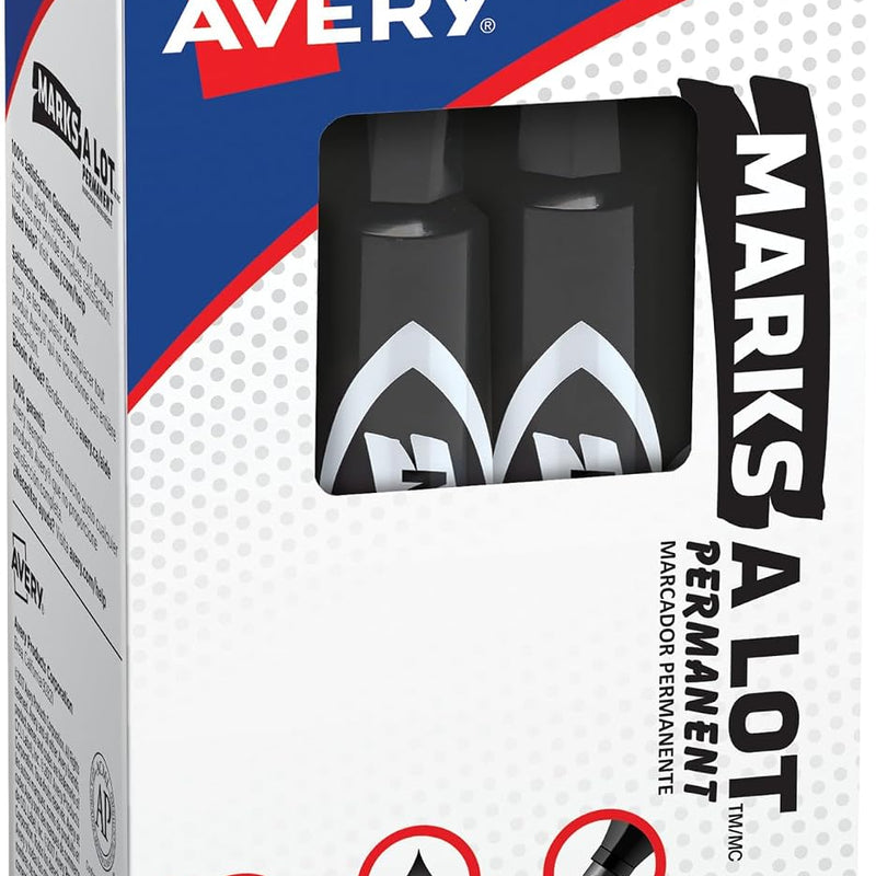 Avery Marks-A-Lot Regular Desk-Style Size Chisel Tip, 12 Black Permanent Markers are perfect for signs and posters (07888)