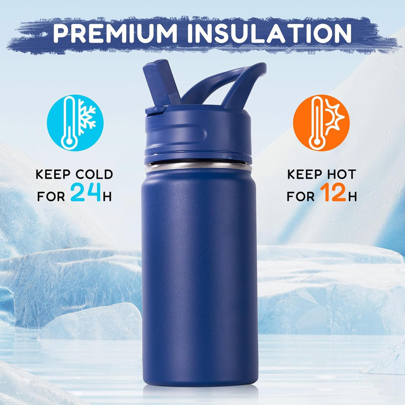 Fijinhom 12oz Kids Water Bottle for School, Toddler Water Bottles with Straws, Insulated Water Bottles for Boys&Girls, Stainless Steel Vacuum Insulated Bottle for Kids, Leak-Proof, BPA-Free, Blue