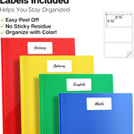 Dunwell Plastic 2 Pocket Folders with 3 Prongs, (6 Pack, Assorted Colors), 3-Clasp Folders with Fasteners, Tear-Resistant, Long Lasting Acid-Free Poly, Includes Labels