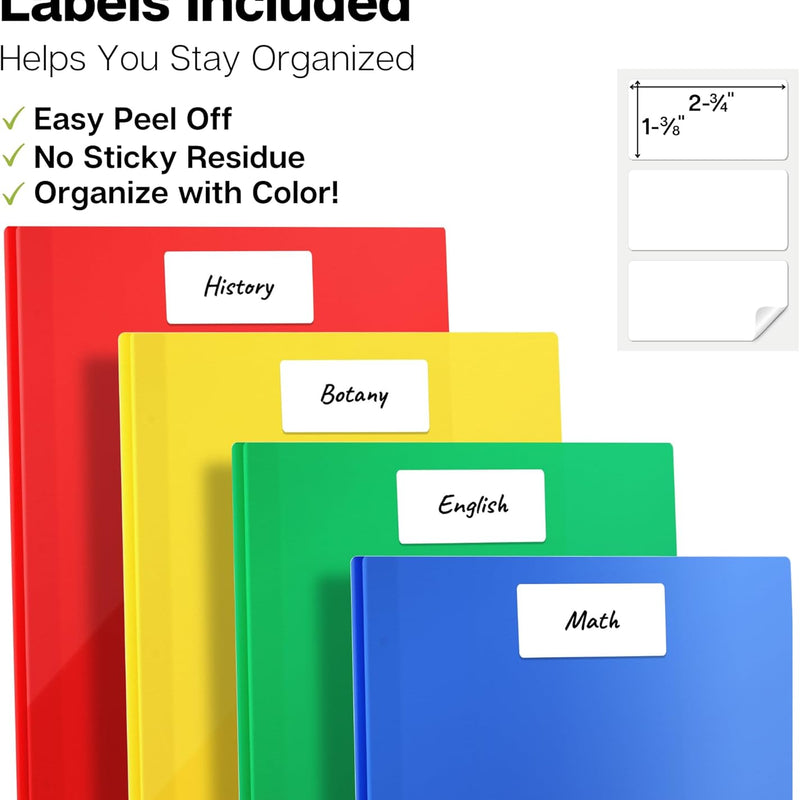 Dunwell Plastic 2 Pocket Folders with 3 Prongs, (6 Pack, Assorted Colors), 3-Clasp Folders with Fasteners, Tear-Resistant, Long Lasting Acid-Free Poly, Includes Labels