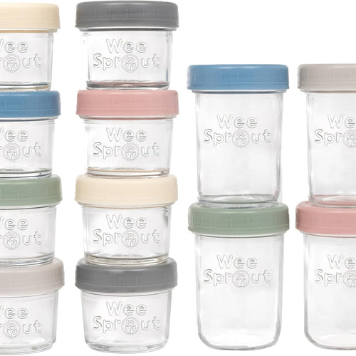 WeeSprout Glass Baby Food Storage Jars w/ Lids (4/8 oz, 12 Pack Set) Snack, Reusable Small Containers, Breast Milk, Fridge, Freezer, Microwave & Dishwasher Safe, Essential Must Have for Infants