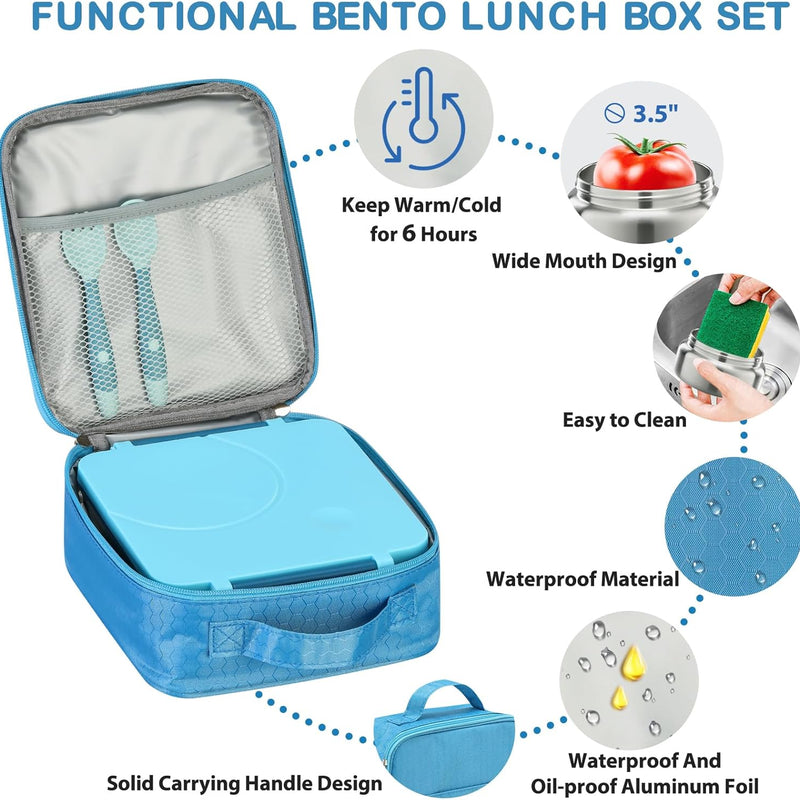 Bento Lunch Box Set for Kids with 8oz Soup Thermo, Leak-Proof Lunch Containers with 4 Compartment, Kids Thermo Hot Food Jar and Insulated Lunch Bag for Kid to School-Blue