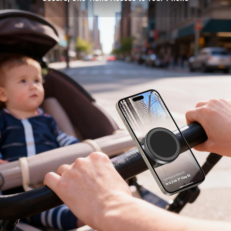Stroller Phone Holder, Compatible with MagSafe, Magnetic Handlebar Mount | 17x N52 Strong Magnets, Fits Treadmills, Peloton, Shopping & Golf Carts, Adjustable Silicone Strap for iPhone 12-17 & Android