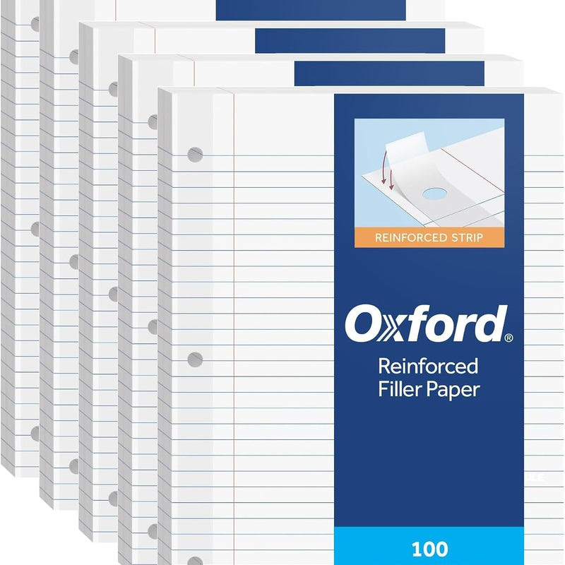 Oxford Reinforced Filler Paper, 8 x 10.5 Inch, Wide Rule, 3 Hole Punched, Lined Loose Leaf Paper for Ring Binders, 100 Sheets, White (1002098)