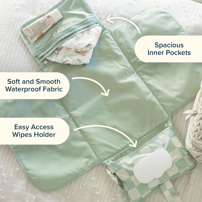 Tiny Twinkle Portable Diaper Changing Pad | Waterproof, Wipeable & Compact Baby Changing Pad for Travel | Smart Wipes Pocket & Organized Storage| Newborn Shower Gift (Beige Checkers)