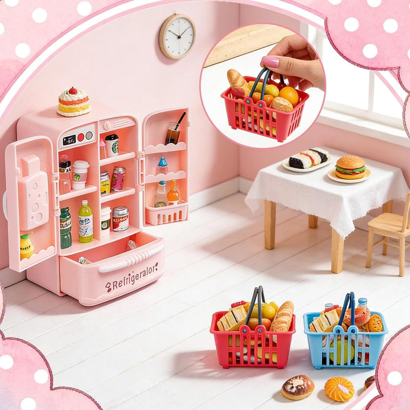 164Pcs Mini Shopping Cart Basket Miniature Food Drink Toy Supermarket Metal Handcart Trolley DollHouse Store Grocery Accessories Kitchen Play Game Party Model Shelves Cash Register Refrigerator Fridge