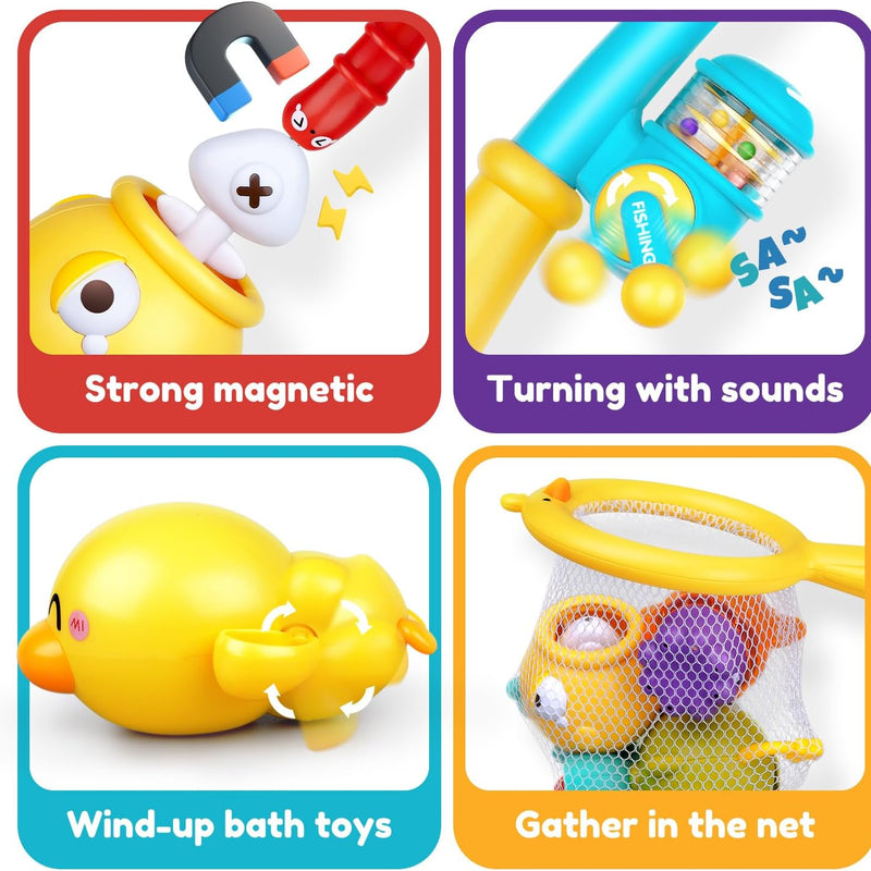 Magnetic Fishing Bath Toys for Toddlers 1-3 | Floating Wind-Up Duck, Fishing Rod & Net, Pool & Bathtub Fun