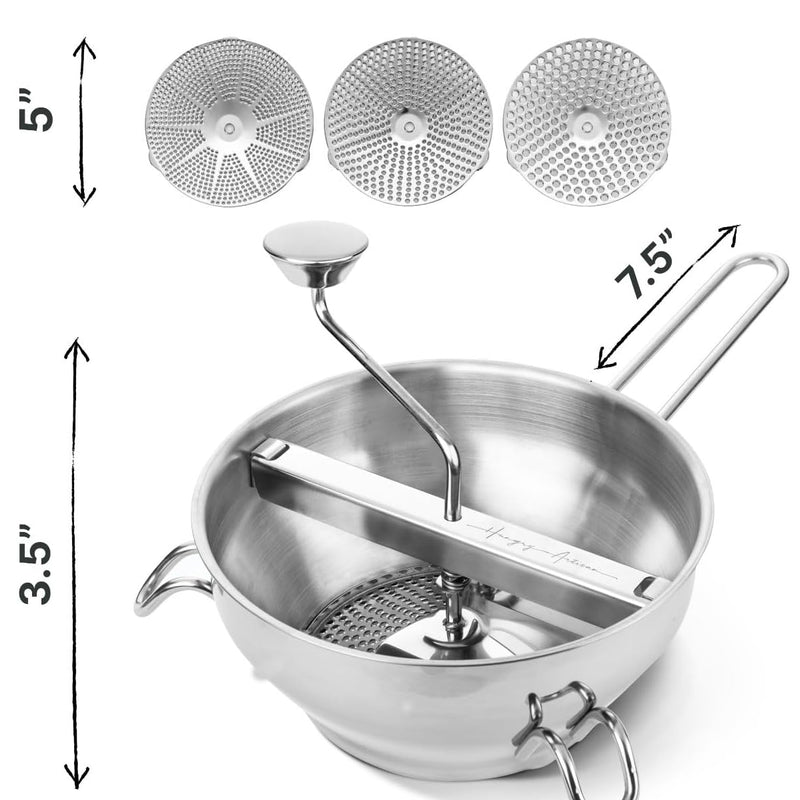 Hungry Artisan Stainless Steel Food Mill for Tomato Sauce & Canning | Great for tomato sauce, applesauce, baby food, mashed potatoes, puree, and canning, 3 interchangeable discs, dishwasher-safe