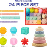 Jyusmile Montessori Baby Toy Set for 6-12 Months, Soft Infant Teething Toys, Stacking Blocks, Sensory Balls