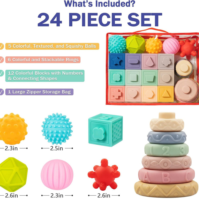 Jyusmile Montessori Baby Toy Set for 6-12 Months, Soft Infant Teething Toys, Stacking Blocks, Sensory Balls