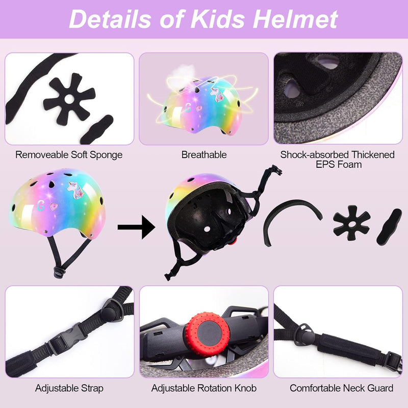 Kids Unicorn Helmet Set for Girls Age 3-8, Adjustable Protective Gear with Stickers for Roller Skates, Bicycle, Skateboarding, Scooter, Multiple Sports