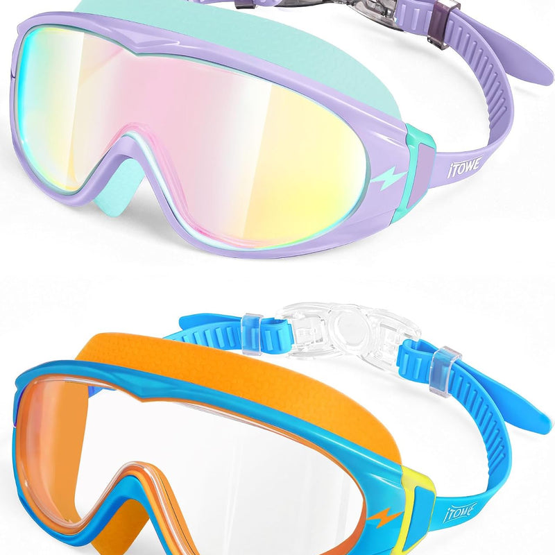 2 Pack Wide View Swimming Goggles, No Leaking Kids Swim Goggles with Anti-Fog/UV HD View Kids Goggles Boys Girls 5-15