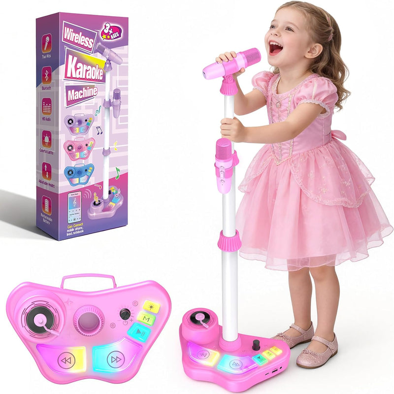 stand karaoke machine for kids, 2 wireless mics, rechargeable, kids microphone, birthday party gift