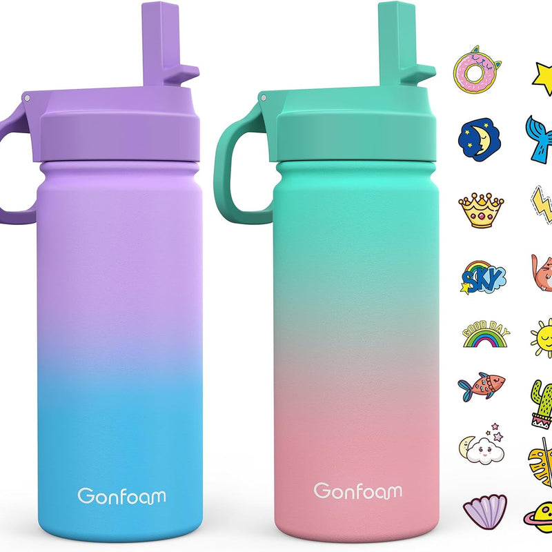 Gonfoam 16oz Kids Stainless Steel Insulated Water Bottle, 2 Pack | DIY Stickers, BPA-free, Leak-proof, Sturdy, Keeps Cold 24h, Easy to Carry, Easy to Clean, Back to School, Gifts
