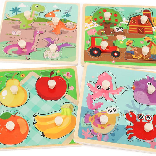 4-piece Wooden Peg Puzzles for Toddlers, Farm Dinosaur Fruit Marine Animals Preschool Learning Toys