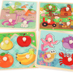 4-piece Wooden Peg Puzzles for Toddlers, Farm Dinosaur Fruit Marine Animals Preschool Learning Toys