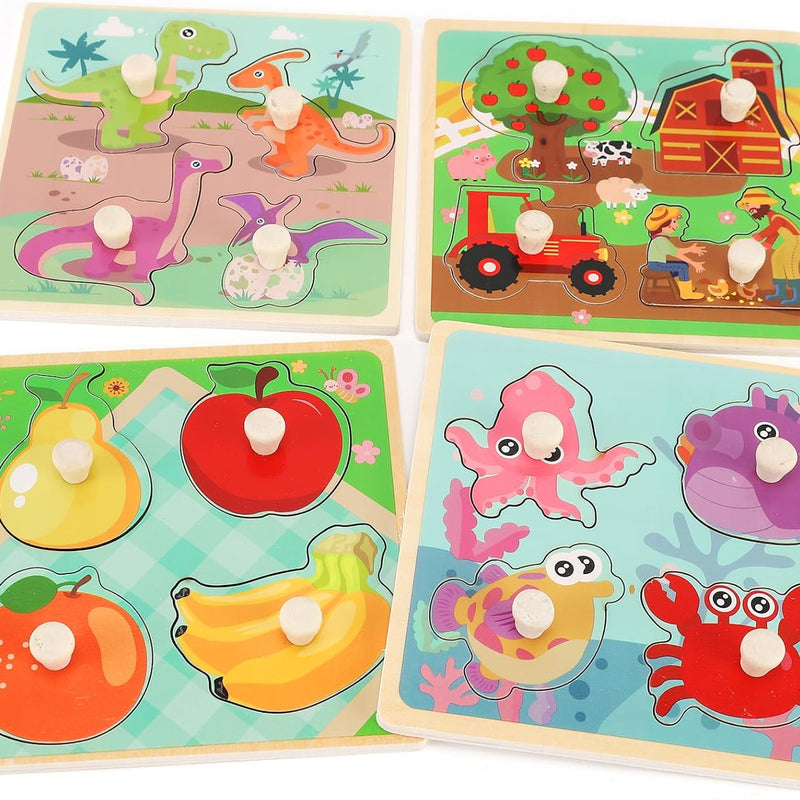 4-piece Wooden Peg Puzzles for Toddlers, Farm Dinosaur Fruit Marine Animals Preschool Learning Toys