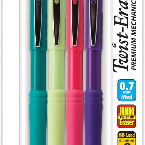 Pentel Twist-Erase III Mechanical Pencil, (0.7mm), Medium Line, Assorted Fashion Color Barrels, Pack of 4 (QE517FBP4M)