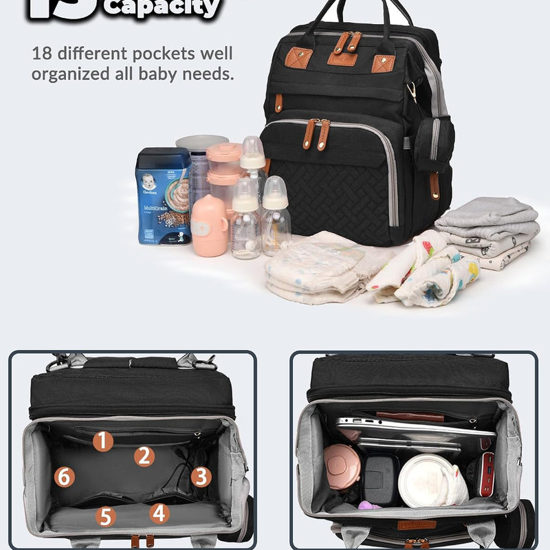 Baby Diaper Bag with Changing Station, Waterproof Diaper Bag Backpack for Moms Dads with USB Charging Port, Baby Shower Gifts, Baby essentials, Black