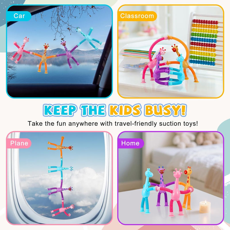 xonteus 4 pcs pop tubes giraffe toys, telescopic suction cup sensory fidget toys for kids, travel friendly entertainment essentials
