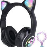 Cat Ear Kids Headphones Bluetooth, LED Light up Wireless/Wired Mode Over Ear Headphones with Build in Microphone for School/Travel (Purple)