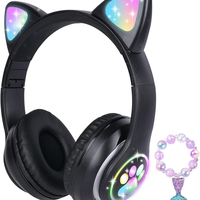 Cat Ear Kids Headphones Bluetooth, LED Light up Wireless/Wired Mode Over Ear Headphones with Build in Microphone for School/Travel (Purple)