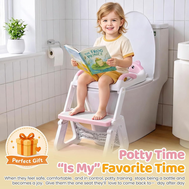 Orzbow Potty Training Seat with Step Stool, Toddler Toilet Seat with Ladder | 7 Height Adjustable, Splash Guard, Non-Slip Base, Handles, Stable Triangular Fits Most Toilets, For Kids Boys Girls, Pink