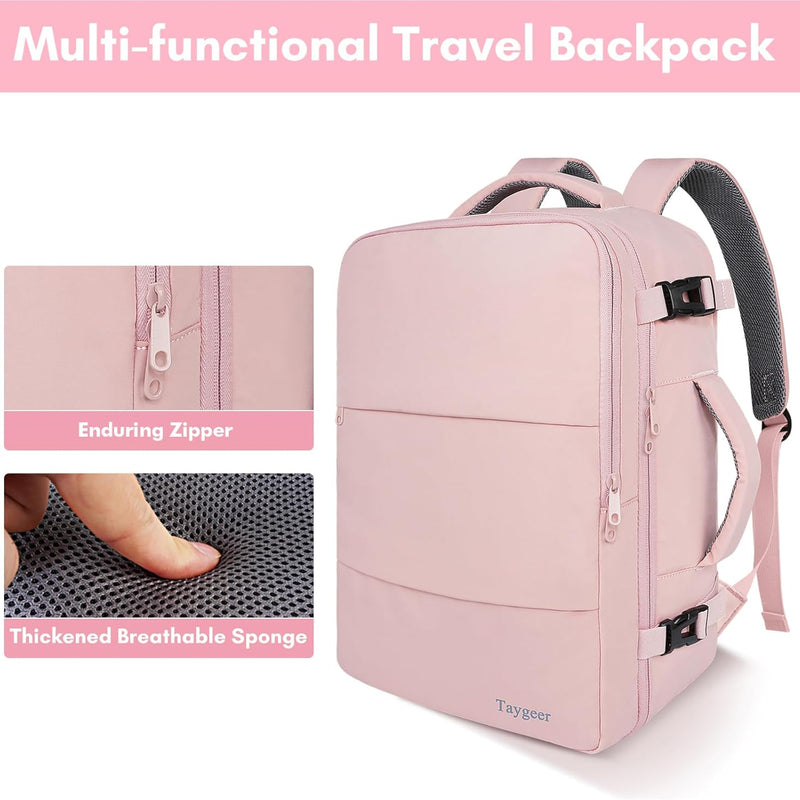 Taygeer Travel Backpack for Women, Carry On Backpack with Water Bottle Pocket & Shoe Pouch, TSA 15.6inch Laptop Mochila Flight Approved, Nurse Bag Casual Daypack for Weekender Business Hiking, Pink