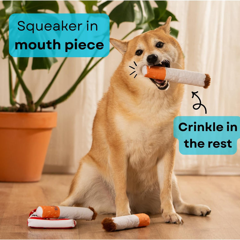 Nestpark Muttboro Doggy Cigs Funny Dog Toys - Parody Plush Squeaky Crinkle Interactive Dog Toy - Hide and Seek Treat Hiding Burrow Puzzle Toy for Stimulating Enrichment Activity