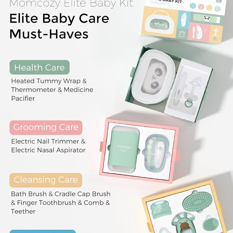 Momcozy Elite Baby Kit, Superior Baby Shower Gift & Registry Essential Kit | Grooming&Health&Cleansing Care Set,Electric Nail File & Nasal Aspirator,Tummy Wrap,Thermometer,Bath Brush,Teether,Storage Bag