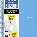 Five Star Spiral Notebook + Study App, 5 Subject, College Ruled Paper, 8-1/2" x 11", 200 Sheets, Fights Ink Bleed, Water Resistant Cover, Pacific Blue (73635)