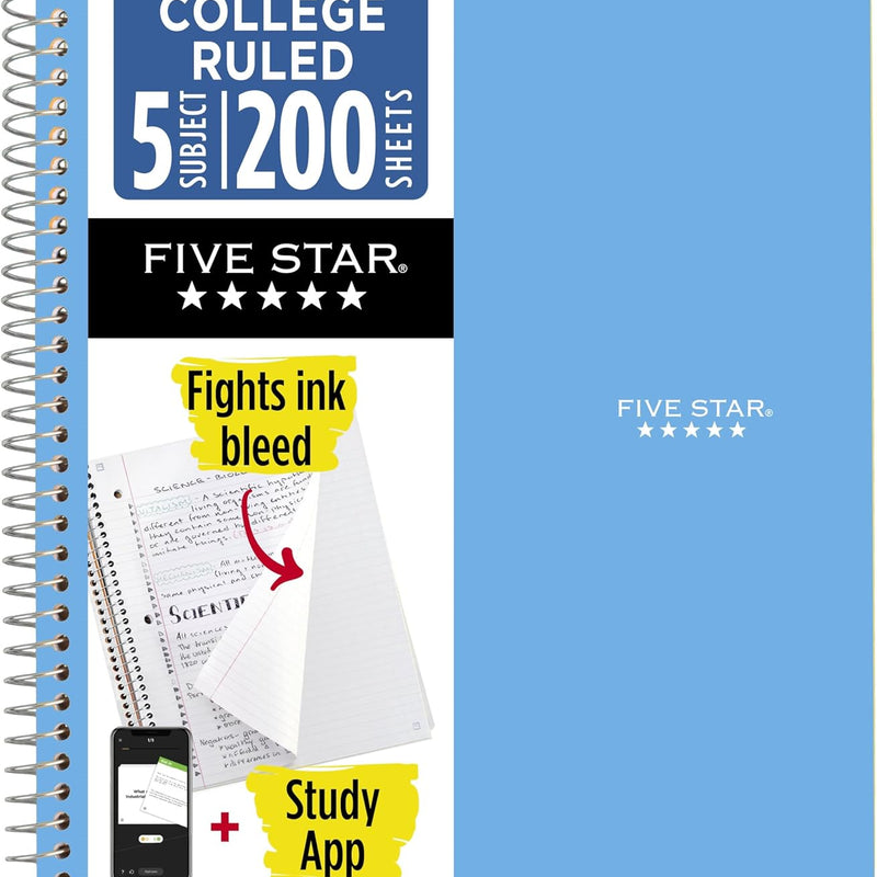 Five Star Spiral Notebook + Study App, 5 Subject, College Ruled Paper, 8-1/2" x 11", 200 Sheets, Fights Ink Bleed, Water Resistant Cover, Pacific Blue (73635)