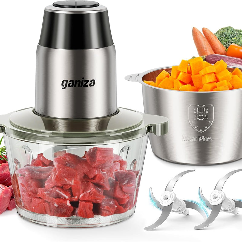 Ganiza Food Processors with 2 Bowls, 450W Meat Grinder Vegetable Chopper | 2-Speed Electric Food Chopper with 8 Cup Glass & 8 Cup Stainless Steel Bowls -Includes 2 Sets of Blades for Fruits/Meat/Nuts