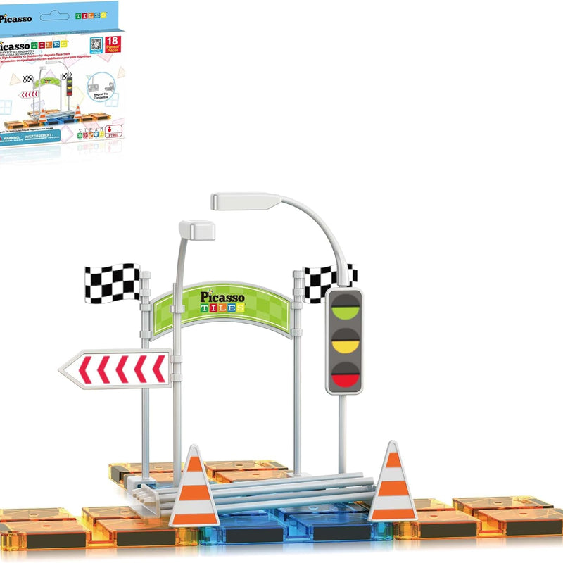 PicassoTiles Race Track Magnetic Tiles Car Toy Fun Playset Includes 2 Racing Trucks Racecars STEM Educational Magnet Building Block Construction Set for Toddlers Boys Girls Ages 3 and Older PTR30