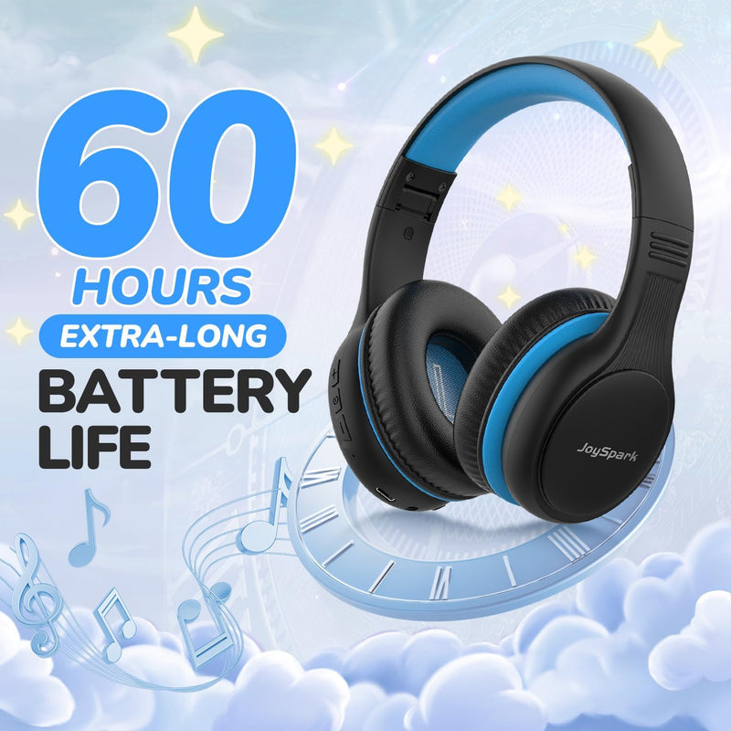 JoySpark Kids Bluetooth Headphones, 60 Hours Playtime, Bluetooth 5.4 Kids Headphones Wireless, Type-C Fast Charging, 85/94dB Volume Limited, Foldable Toddler Wireless Headsets with Mic-Black Blue